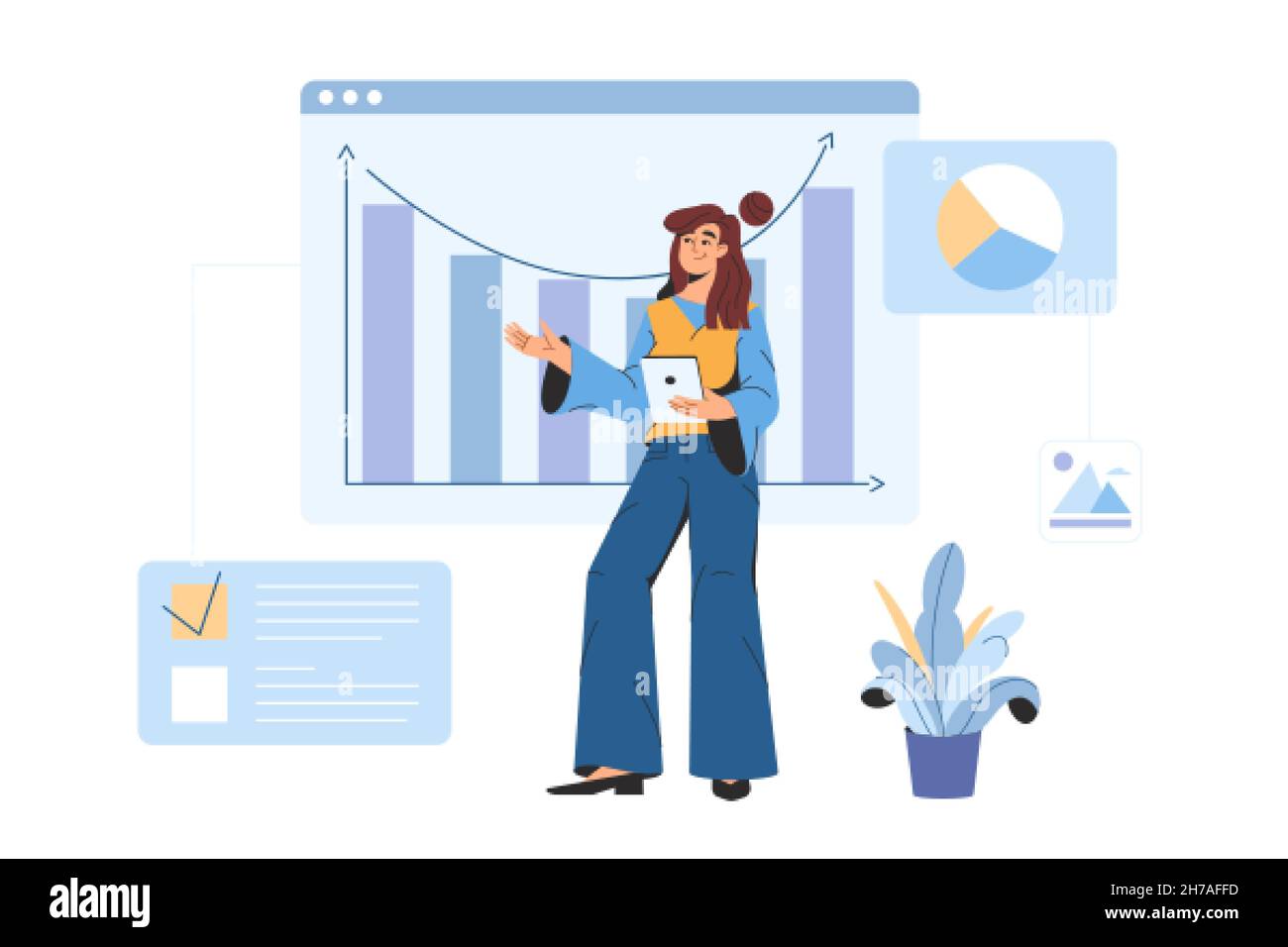 Digital data analysis and graphic design statistical for business finance investment. Flat woman office worker analyzing statistical information, charts and graphs at dashboard. Stock Vector