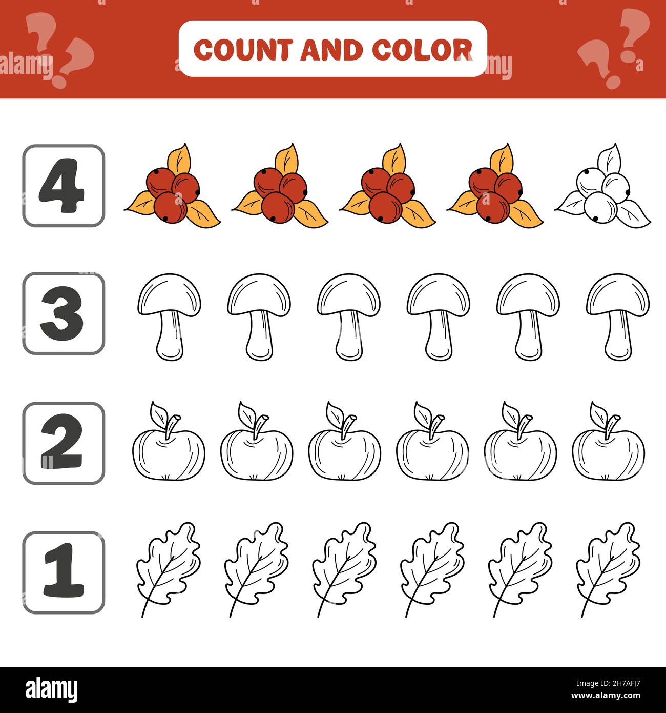 Count and color game for preschool children - autumn items. Worksheet for the development of mathematical abilities. Coloring book for kids Stock Vector