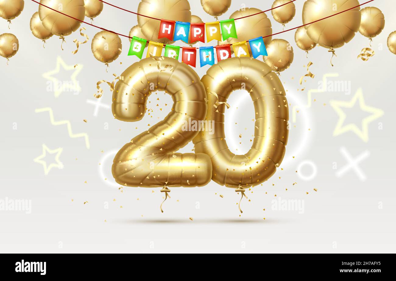 Happy Birthday 20 years anniversary of the person birthday, balloons in the form of numbers of the year. Vector illustration Stock Vector