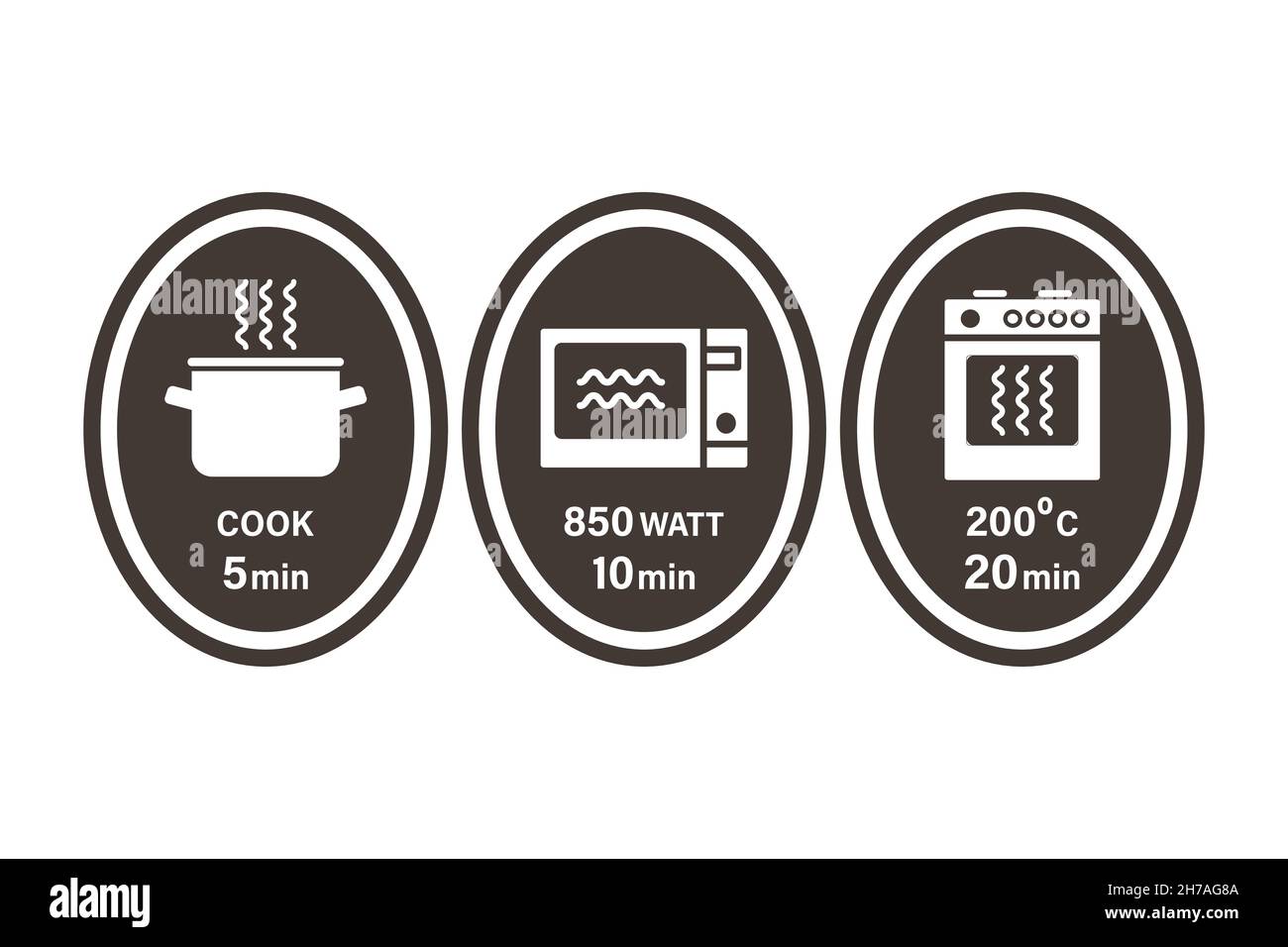 Pot, microwave and oven cooking instruction symbols. 5,10,20 minutes. Vector illustration, flat style for packaging and instructions Stock Vector