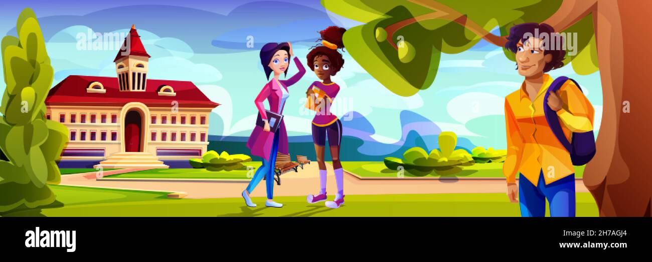 Vector cartoon students in front of college campus building at green yard. Landscape with education house of university and multiracial teenagers. Young characters near high school or public library. Stock Vector