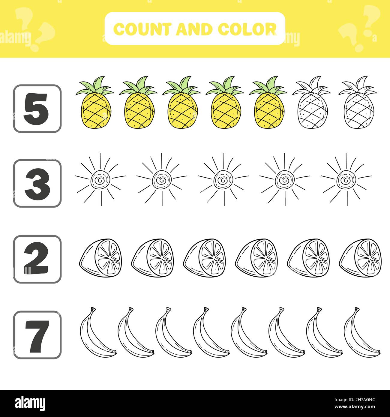 count and color game for preschool children summer items and fruits worksheet for the development of mathematical abilities coloring book for kids stock vector image art alamy