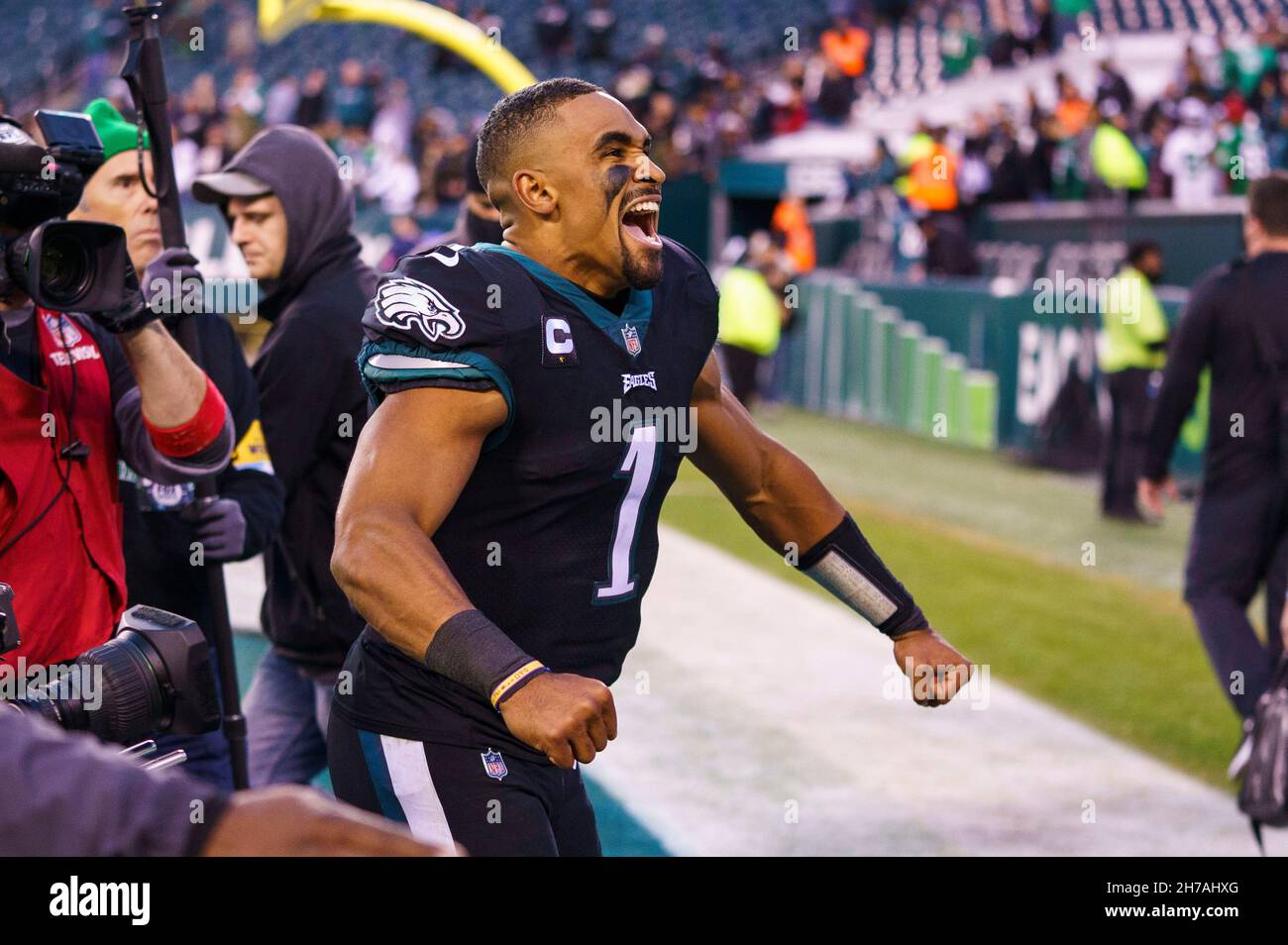 Philadelphia, Pennsylvania, USA. 21st Nov, 2021. Philadelphia Eagles  quarterback Jalen Hurts (1) looks on during the NFL game between the New  Orleans Saints and the Philadelphia Eagles at Lincoln Financial Field in