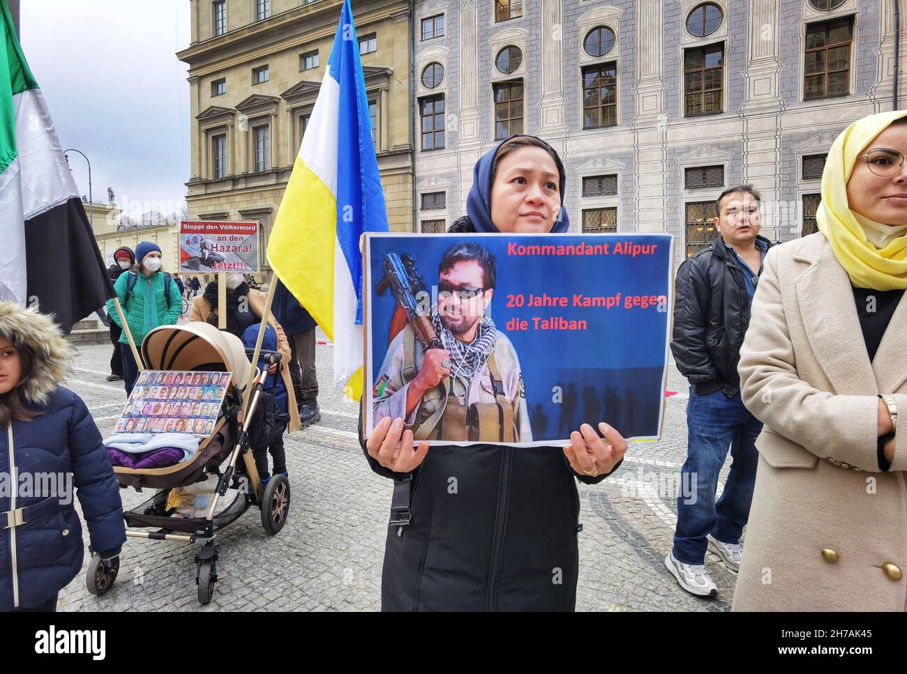 Munich, Bavaria, Germany. 21st Nov, 2021. Ethnic Hazaras in Munich, Germany demonstrated for awareness of their Persian-speaking ethnic group in Afghanistan as being friends of west and NATO allies, practitioners of a moderate form of Islam, and elected several women to governmental positions including regional governor and vice president. It is due to this, their cooperation with the Northern Alliance of Panjshir, and historical suppression that the group states it is facing a genocidal revenge from the Taliban. (Credit Image: © Sachelle Babbar/ZUMA Press Wire) Stock Photo