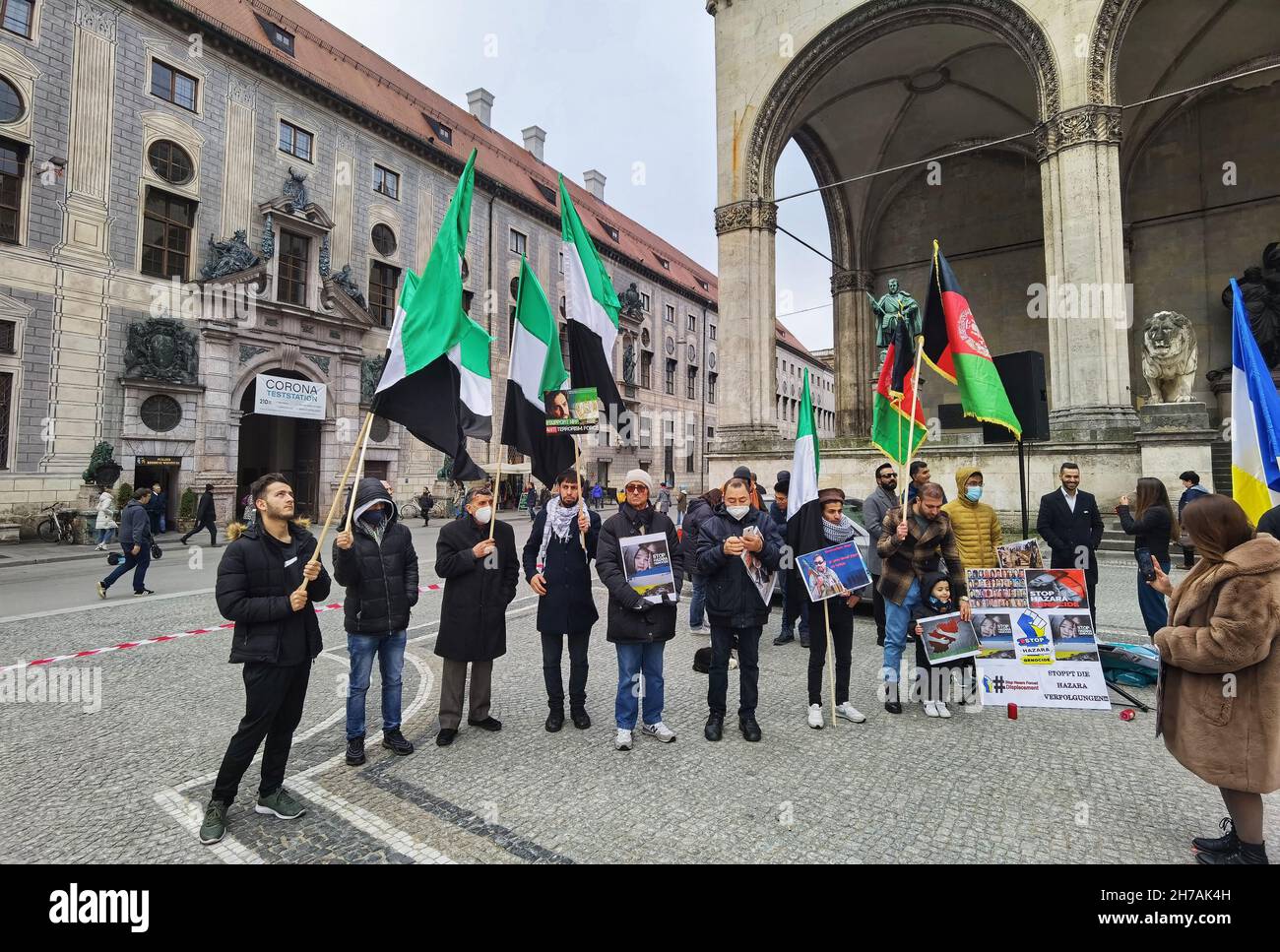 Munich, Bavaria, Germany. 21st Nov, 2021. Ethnic Hazaras in Munich, Germany demonstrated for awareness of their Persian-speaking ethnic group in Afghanistan as being friends of west and NATO allies, practitioners of a moderate form of Islam, and elected several women to governmental positions including regional governor and vice president. It is due to this, their cooperation with the Northern Alliance of Panjshir, and historical suppression that the group states it is facing a genocidal revenge from the Taliban. (Credit Image: © Sachelle Babbar/ZUMA Press Wire) Stock Photo