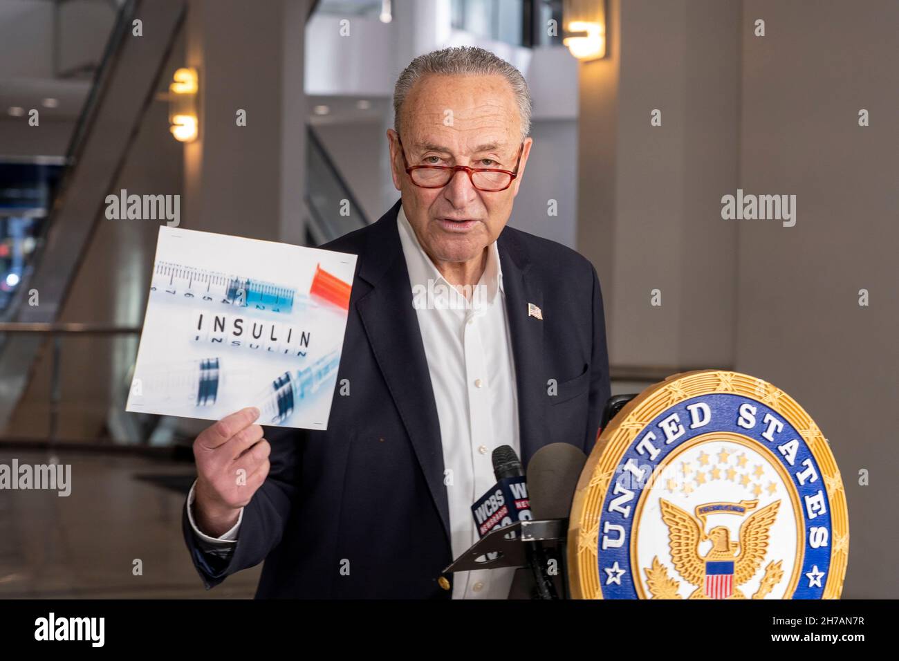 NEW YORK, NY – NOVEMBER 21: Senate Majority Leader, U.S. Senator Chuck Schumer (D-NY) speaks at a press conference on the importance of lowering the prices of insulin and the GOP's opposition to the Build Back Better plan on November 21, 2021 in New York City. Credit: Ron Adar/Alamy Live News Stock Photo