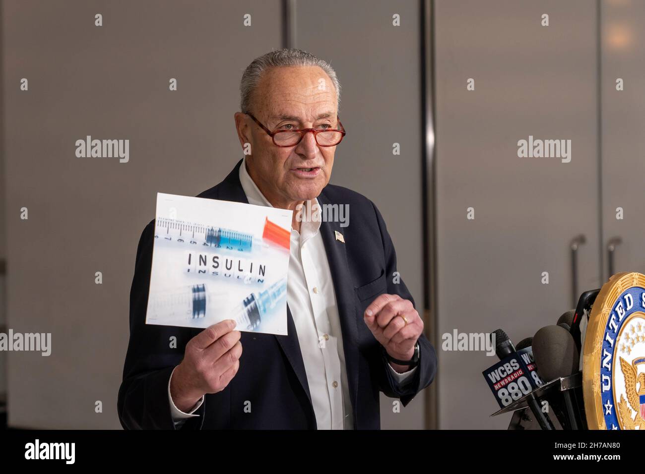 NEW YORK, NY – NOVEMBER 21: Senate Majority Leader, U.S. Senator Chuck Schumer (D-NY) speaks at a press conference on the importance of lowering the prices of insulin and the GOP's opposition to the Build Back Better plan on November 21, 2021 in New York City. Credit: Ron Adar/Alamy Live News Stock Photo