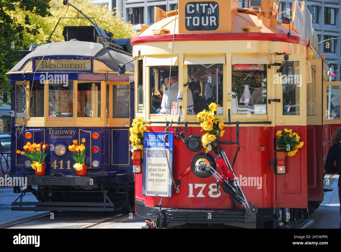 City Loop trams, Cathedral Square, Christchurch, Canterbury, South Island, New Zealand Stock Photo
