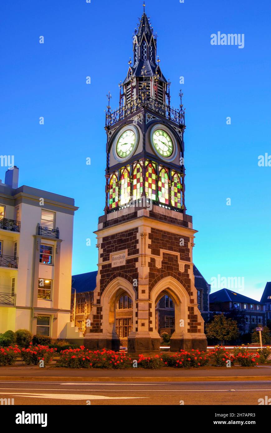 Victorian Clock Tower at dusk, Victoria Street, Christchurch