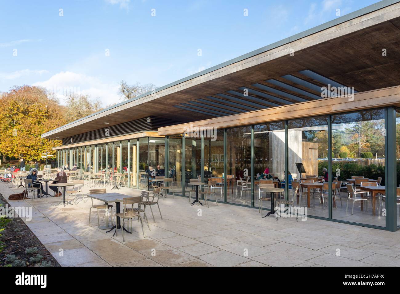 Cafe in the Park, Virginia Water Lake (Windsor Great Park) in autumn, Virginia Water, Surrey, England, United Kingdom Stock Photo