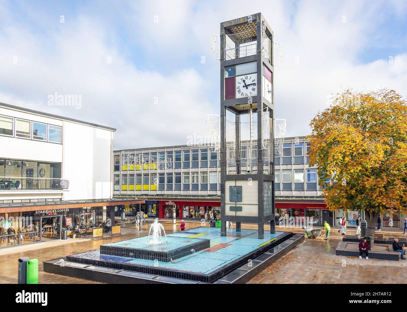 Clock tower and fountain, Town Square, Queensway, Stevenage, Hertfordshire, England, United Kingdom Stock Photo