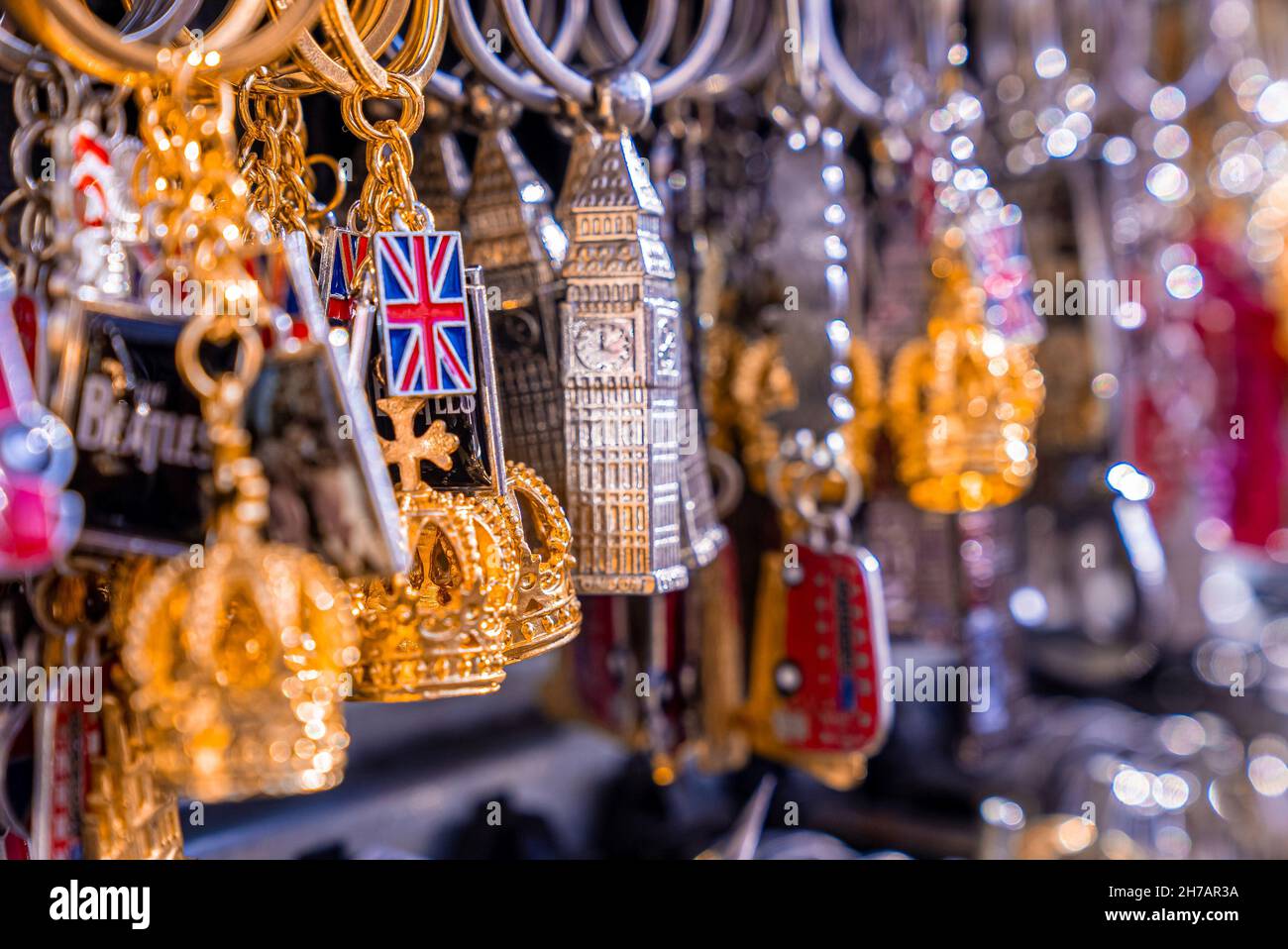 Souvenirs of London hanging at the gift store. Stock Photo