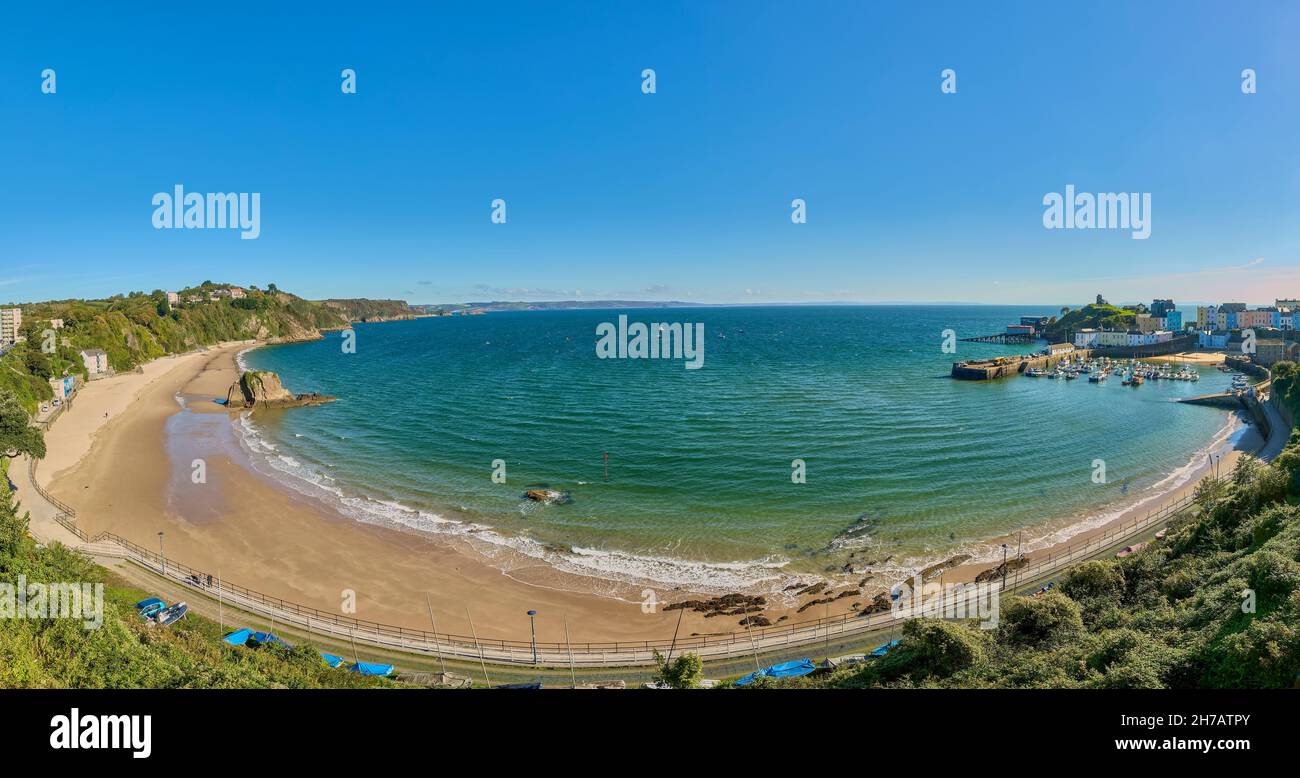 Panoramic view of North Beach and harbour at Tenby, a walled seaside town in Pembrokeshire, south Wales coast on the western side of Carmarthen Bay Stock Photo