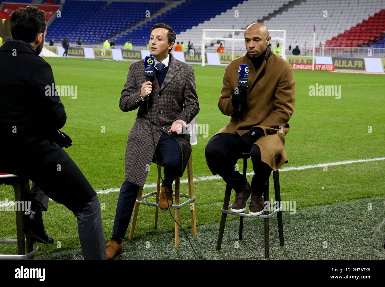 President of Olympique de Marseille Pablo Longoria and Thierry Henry,  pundit for Amazon Prime Video react after the match was stopped after few  minutes when Dimitri Payet of OM received a plastic