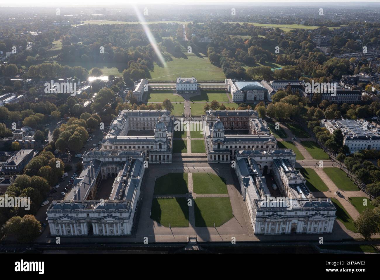 Panoramic aerial view of Greenwich Old Naval Academy by the River