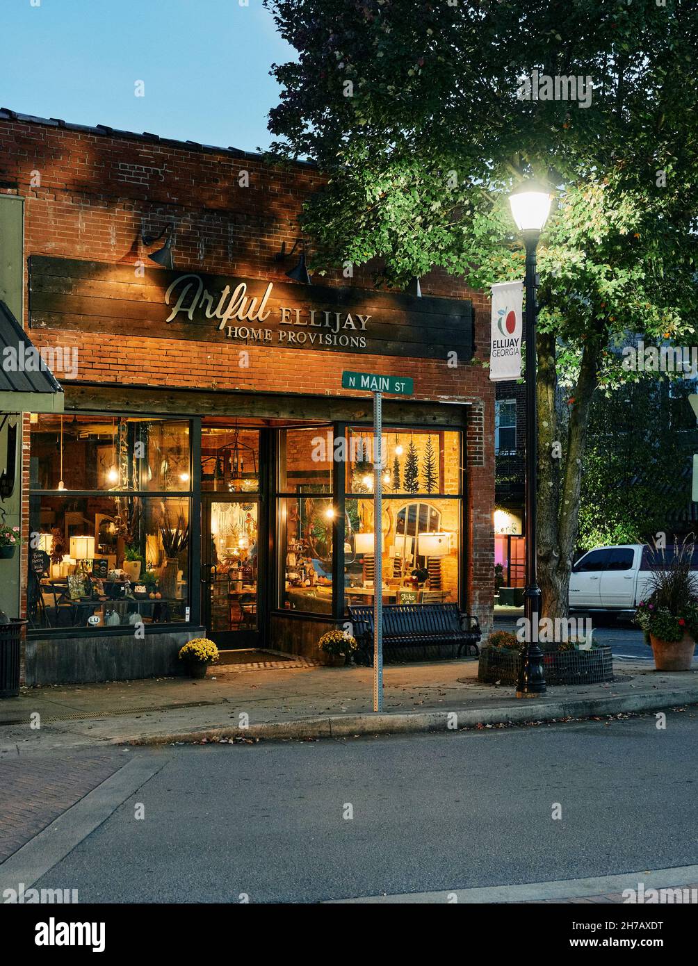 Small town store and storefront at night, on Main St in Ellijay