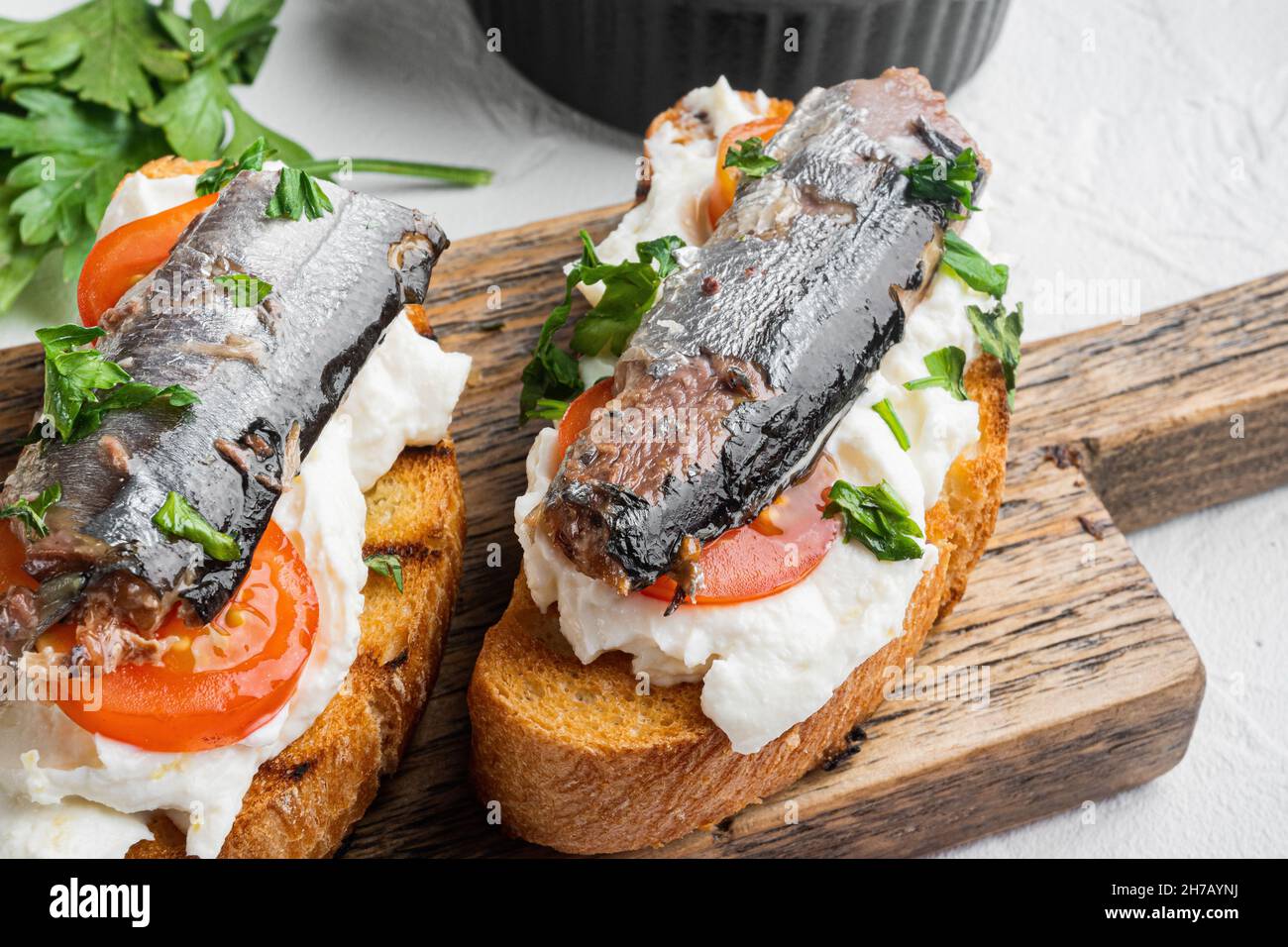 Sandwich with smoked fish set, on white stone table background Stock ...