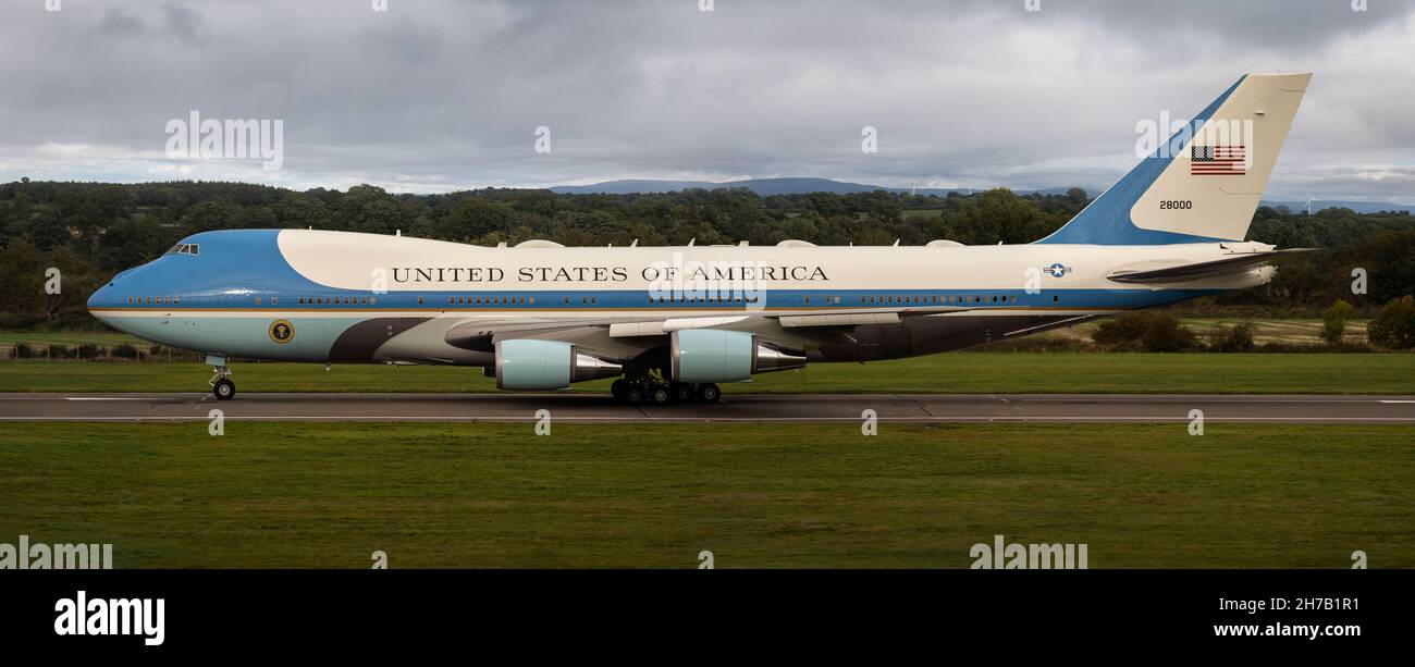 'Air Force One' a USAF VC-25A landing at Edinburgh Scotland for the first time. President Joe Biden took part in the COP26 Climate summit. Stock Photo