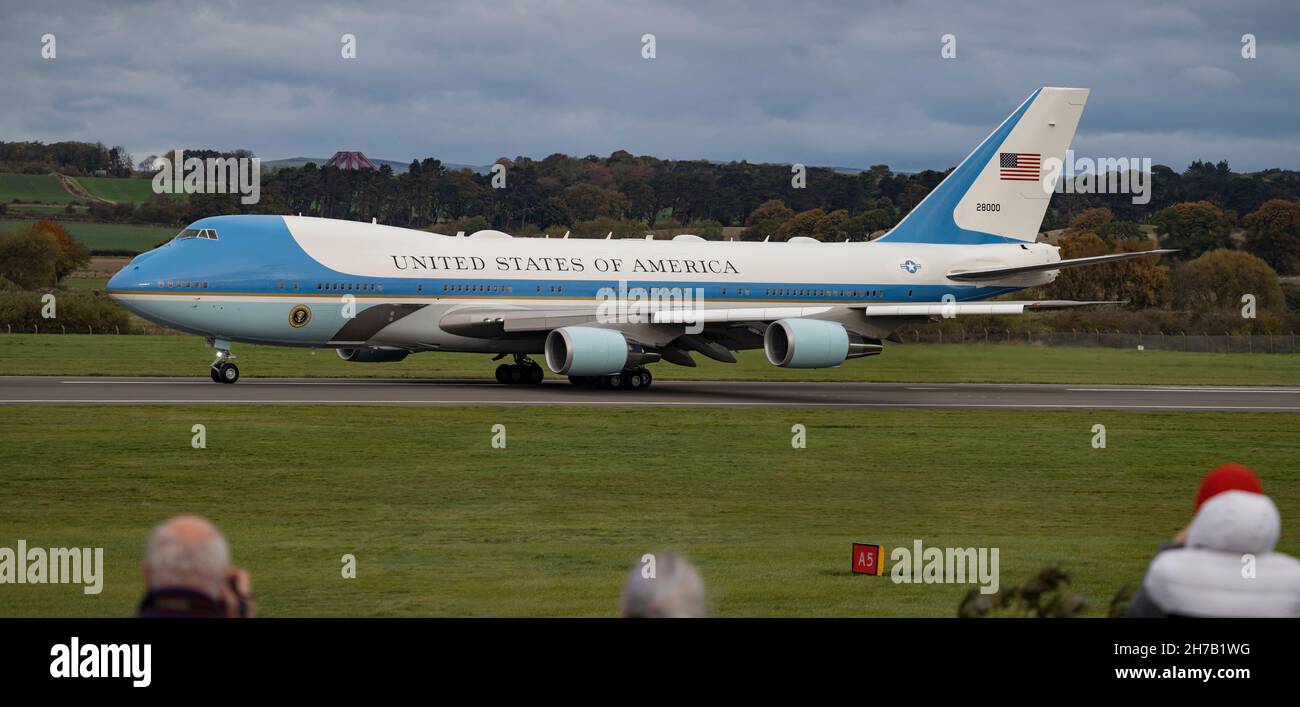 'Air Force One' a USAF VC-25A landing at Edinburgh Scotland for the first time. President Joe Biden took part in the COP26 Climate summit. Stock Photo