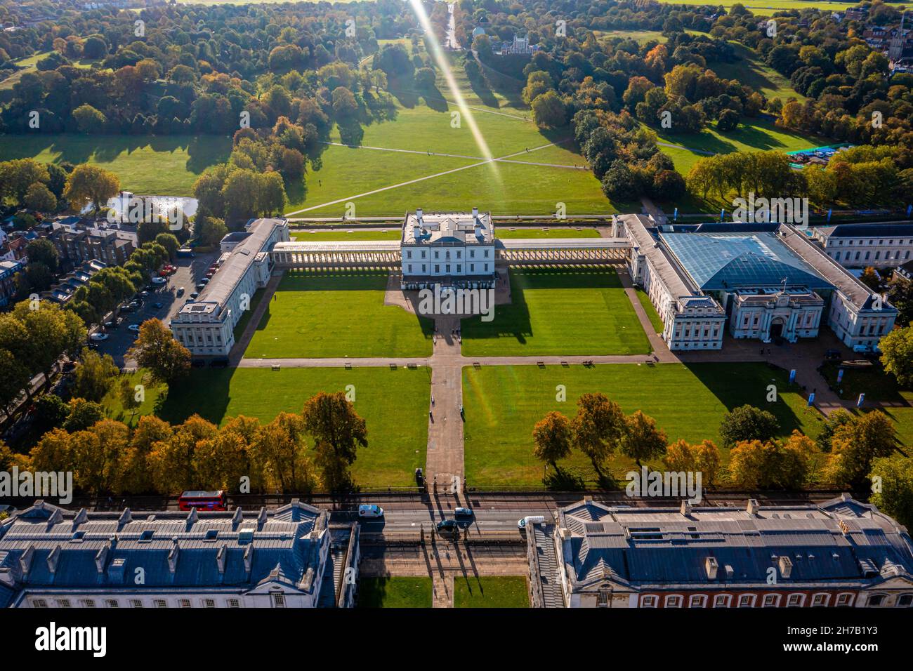Panoramic aerial view of Greenwich Old Naval Academy by the River
