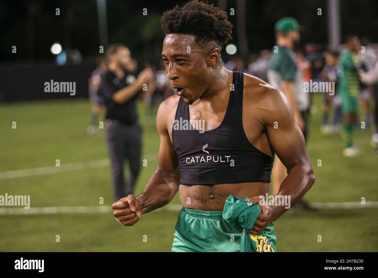St. Petersburg, FL USA;  Tampa Bay Rowdies midfielder Dayonn Harris (21) flexes and shows his excitement with the big win during a USL Eastern Confere Stock Photo