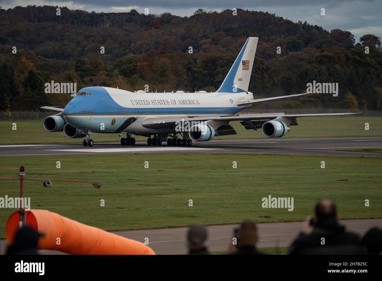 'Air Force One' a USAF VC-25A landing at Edinburgh Scotland for the first time. President Joe Biden took part in the COP26 Climate summit. Stock Photo