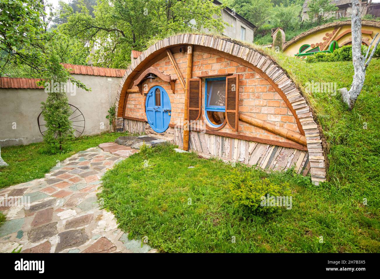 21 May 2021, Hobbit House Dilijan, Armenia: Fairytale hobbit houses in the Shire from the movie The Lord of the Rings. Stock Photo