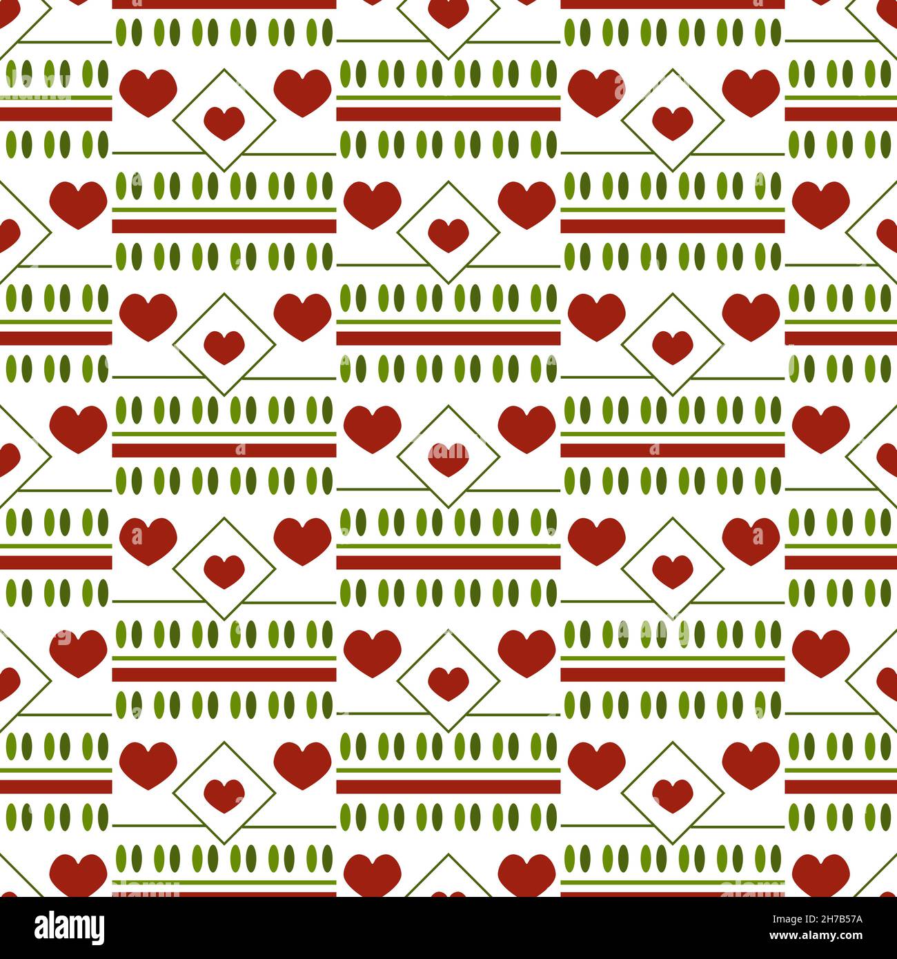 Pattern with red hearts on a background with stripes. Vector illustration.  Stock Vector