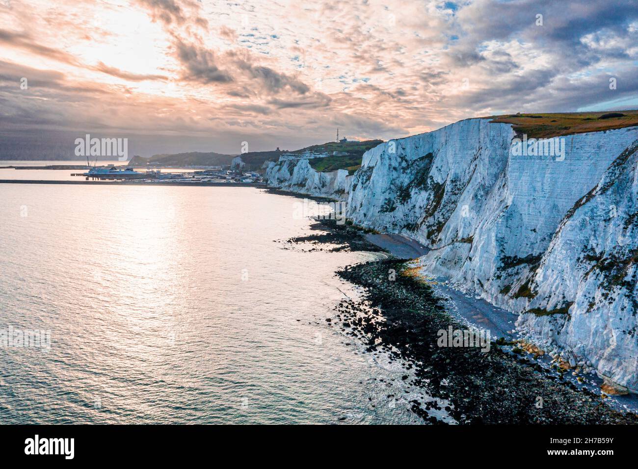 Aerial view of the White Cliffs of Dover. Close up view of the cliffs