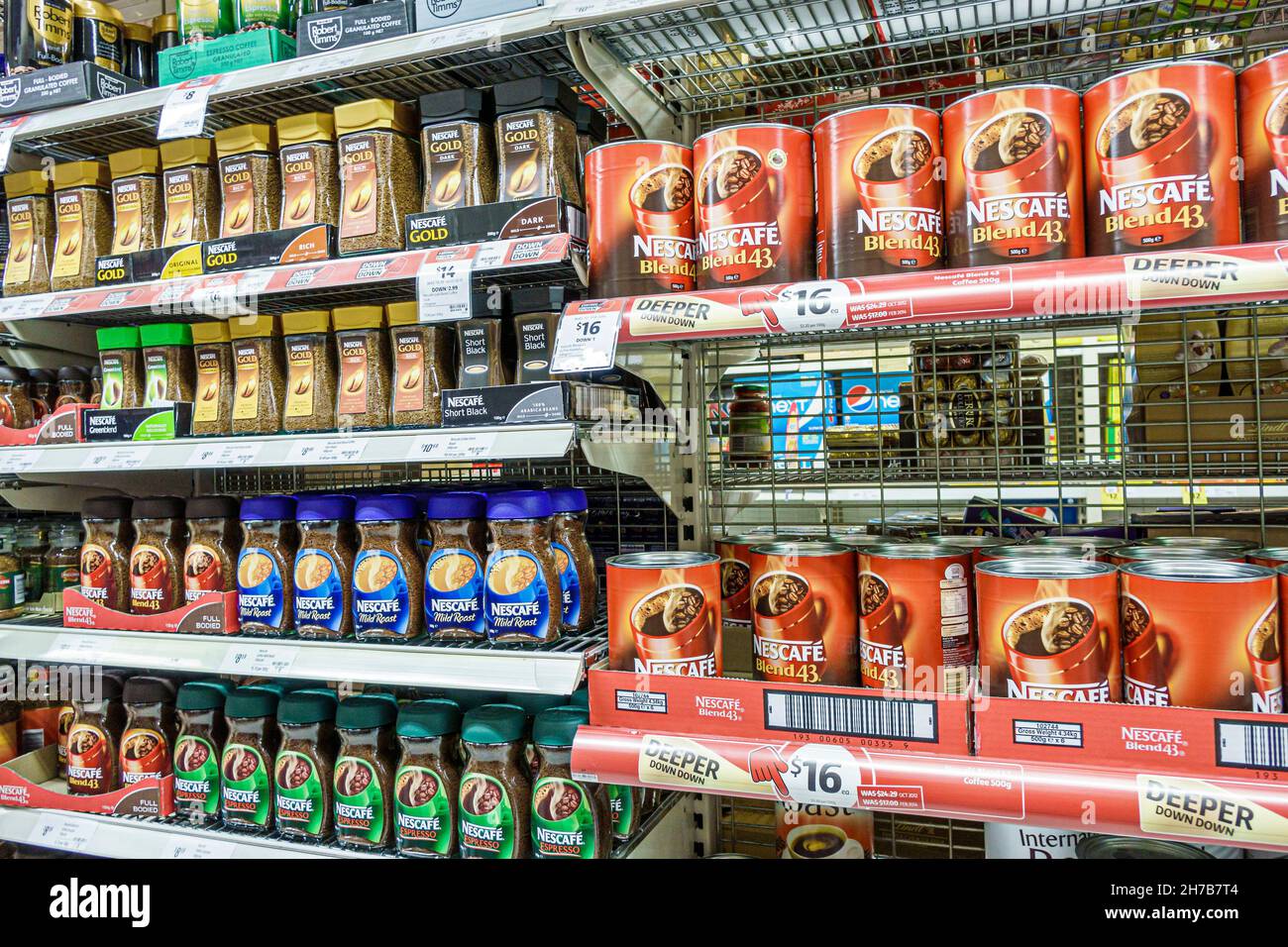 Melbourne Australia,Coles Central,grocery store supermarket display sale shelf shelves coffee Nescafe,inside interior Stock Photo