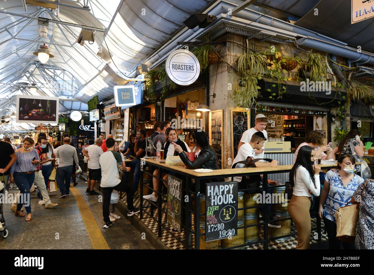 Roasters coffee shop and bar at the vibrant Mahane Yehuda market in Jerusalem, Israel. Stock Photo