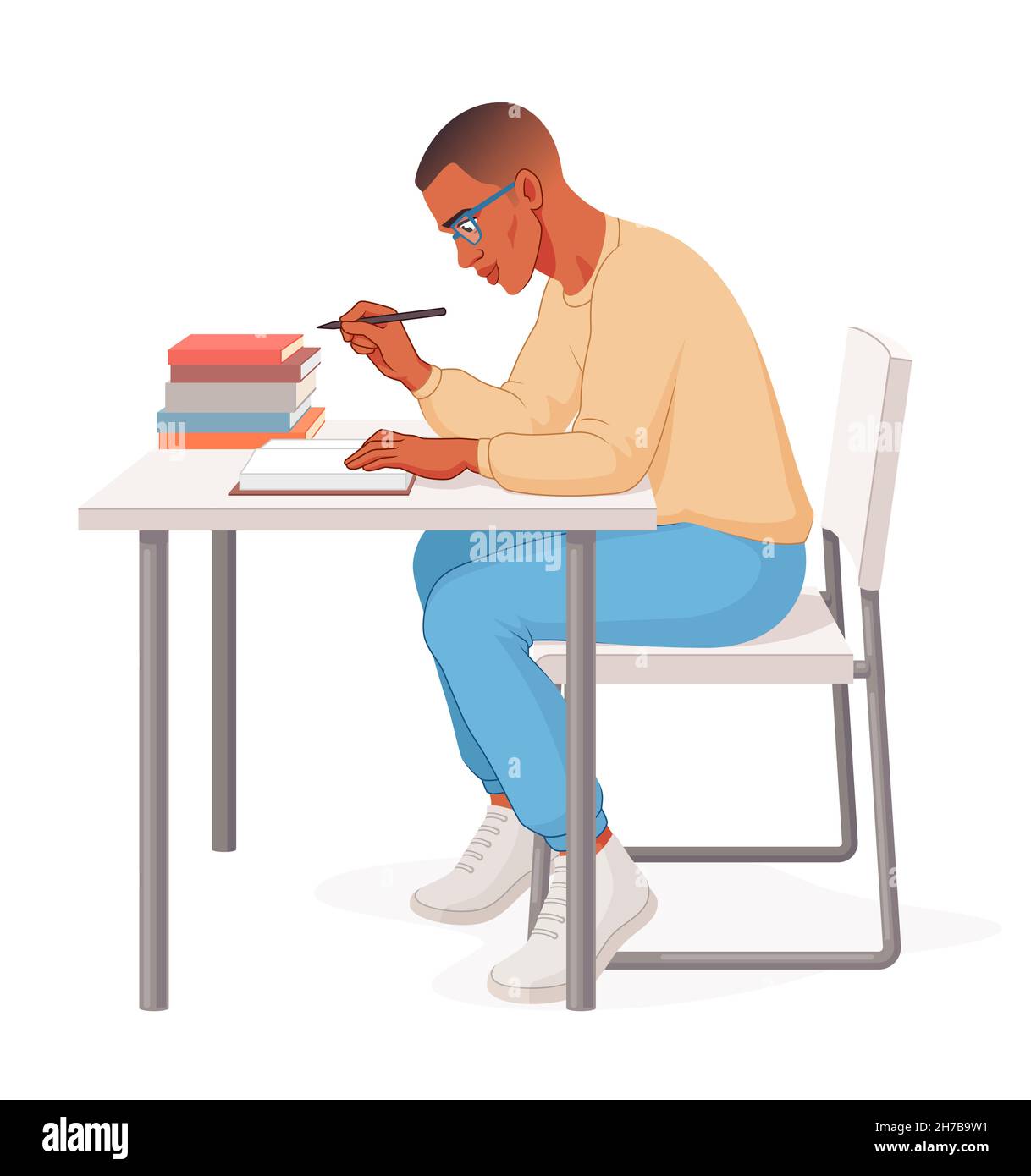 African American student sitting at desk reading a book. Young man studying preparing for exams. Vector illustration. Stock Vector