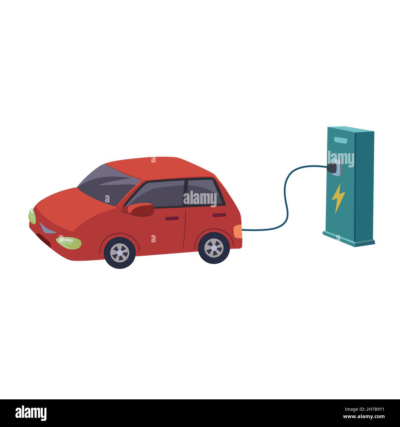 Vector illustration of a red electric car charging at the electro ...