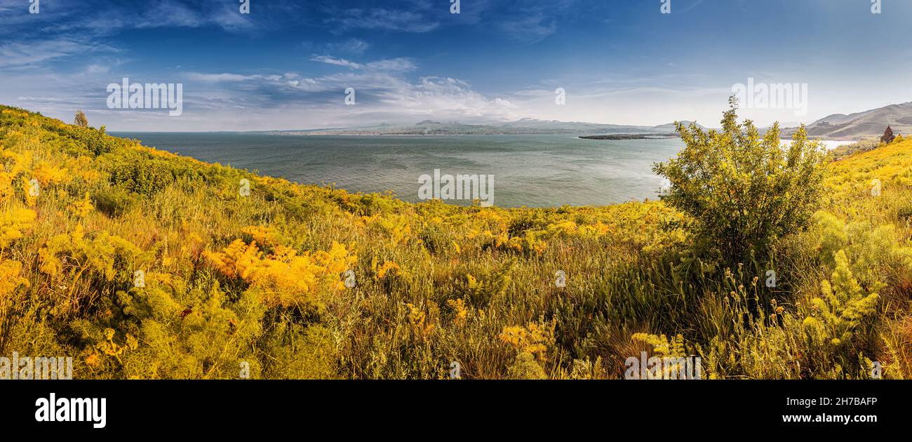 Dramatic panoramic view on Lake Sevan at autumn. Natural travel destinations in Armenia Stock Photo