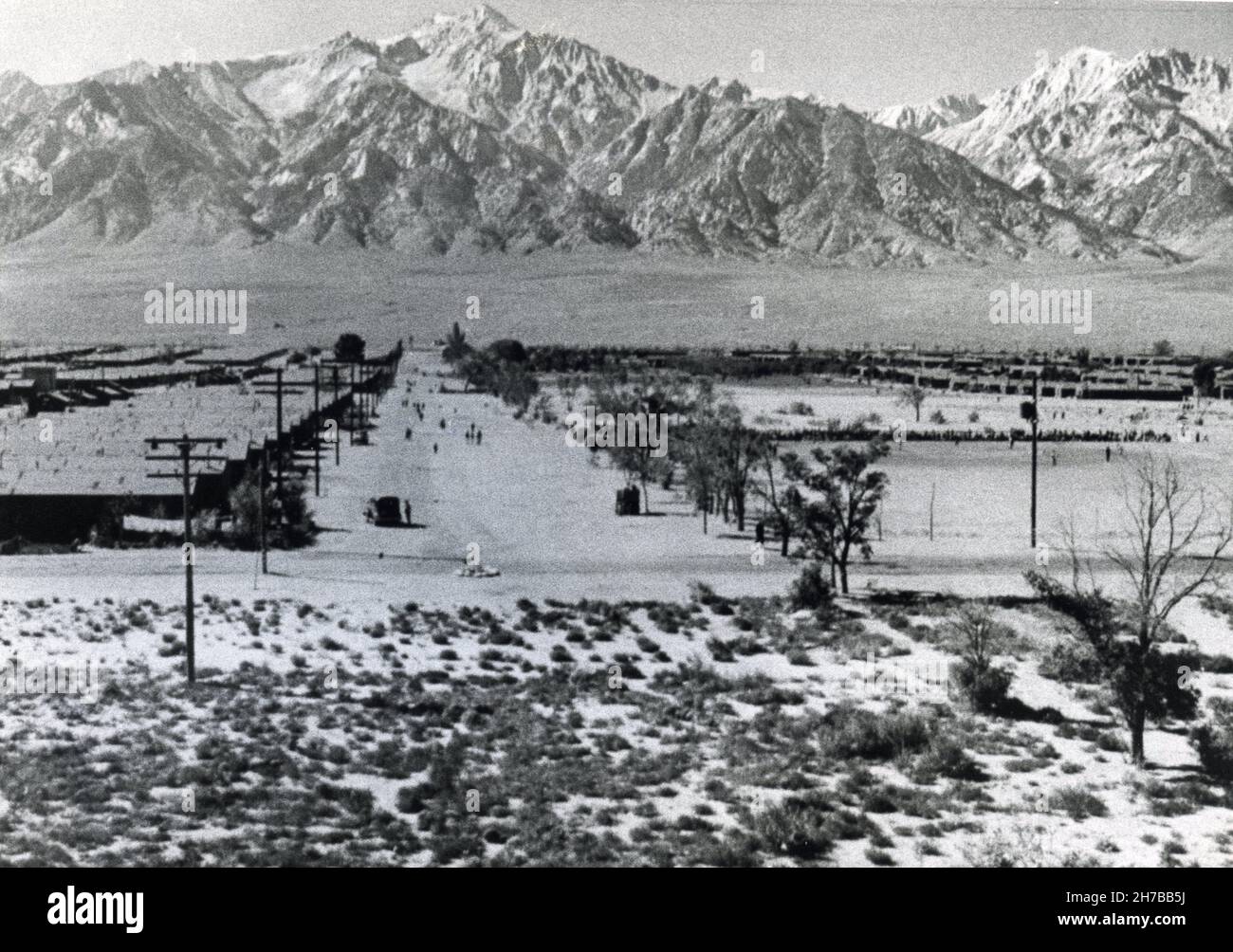 Photo of the Japanese WWII internment camp at Manzanar in Owens Valley, California photographed by American photographer Ansel Adams. In “Born Free and Equal” Ansel Adams described Manzanar as a “city built of shacks and patience. Stock Photo