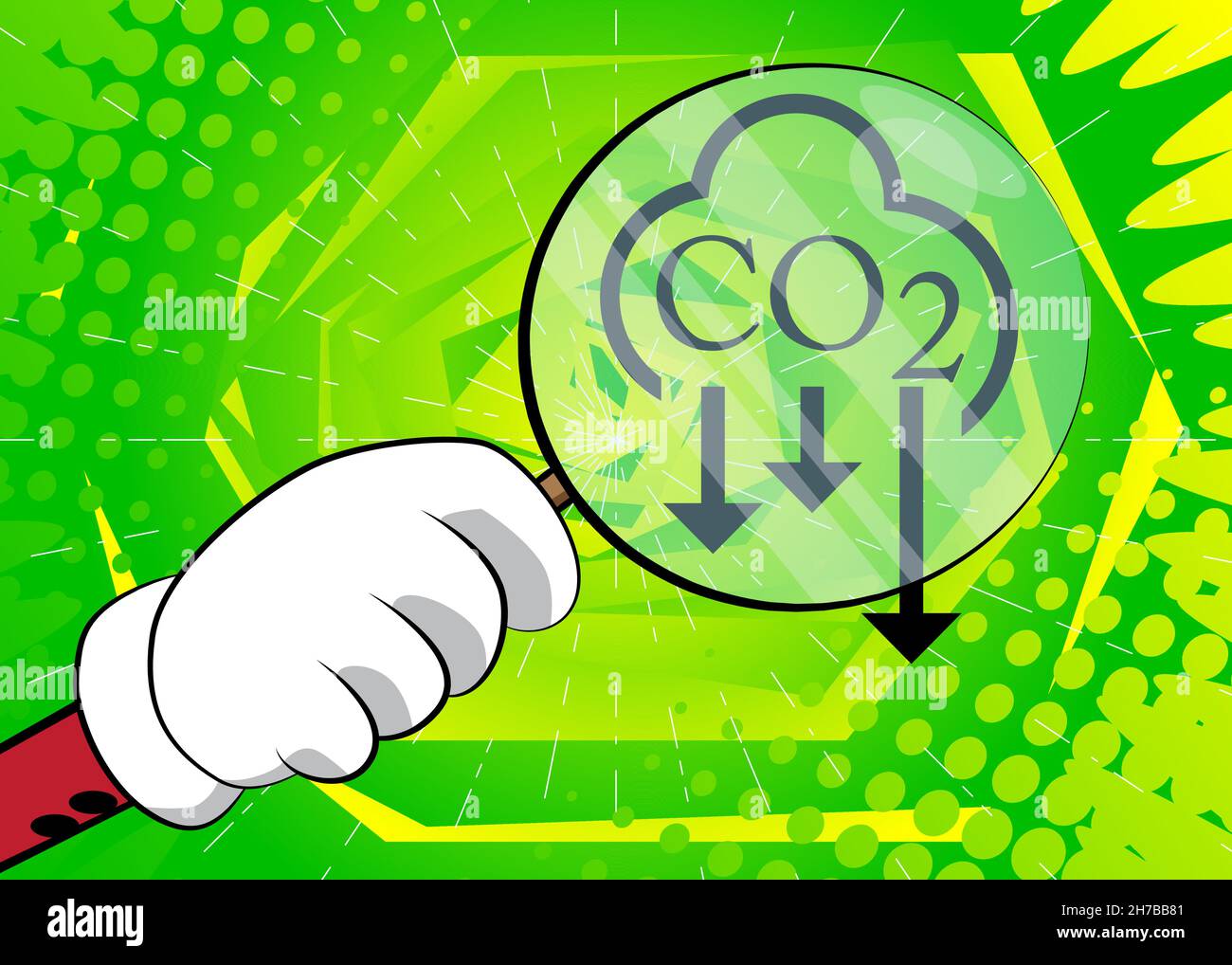 CO2 emission sign, Carbon dioxide icon under magnifying glass illustration on comic book background. Stock Vector