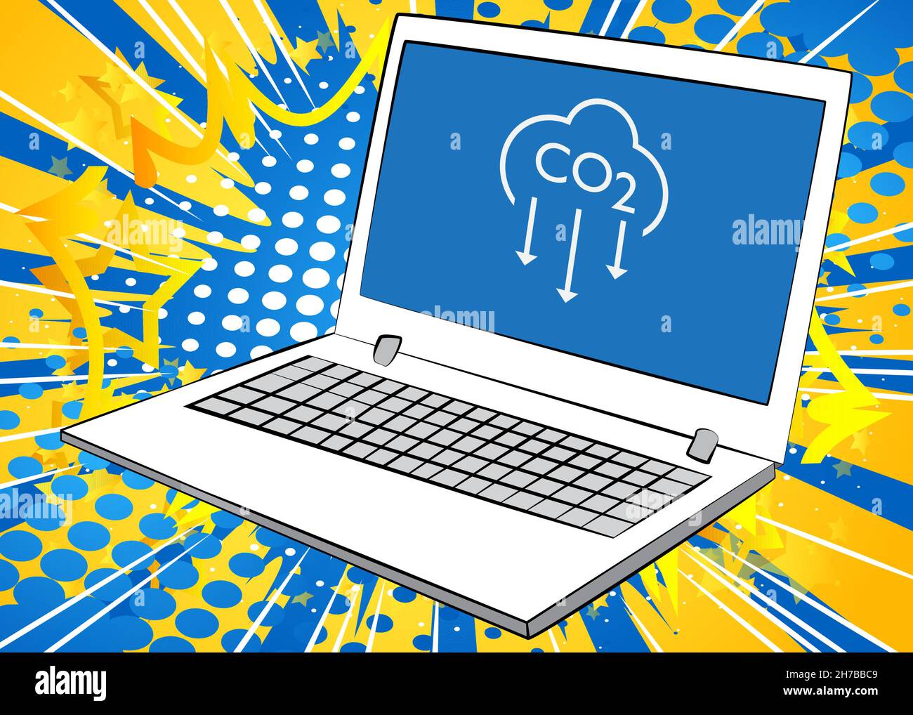Laptop with CO2 emission sign, Carbon dioxide icon on the screen. Vector cartoon illustration. Stock Vector
