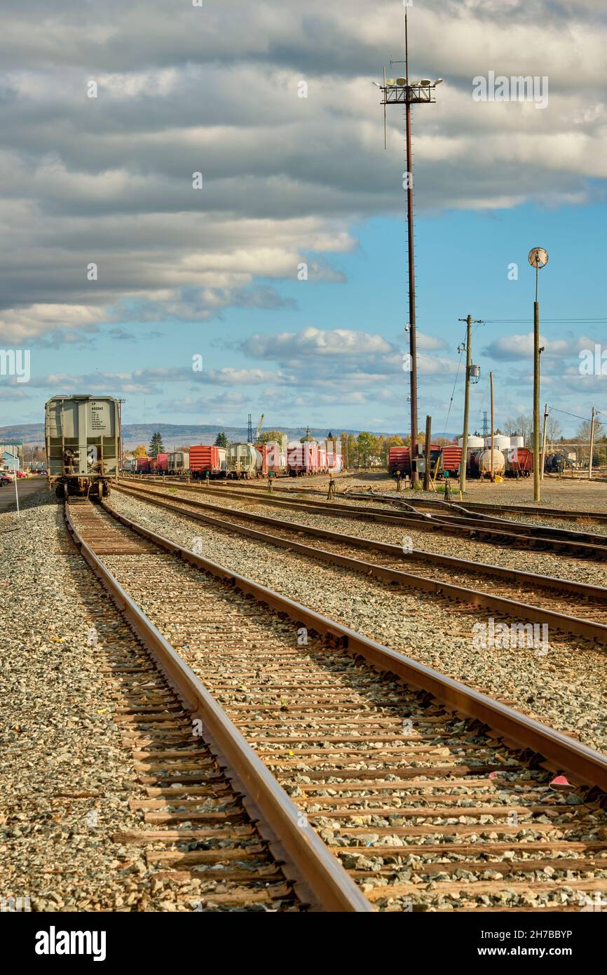 Boxcars sit idle on sidings in a railyard in Thunder Bay Ontario. Stock Photo