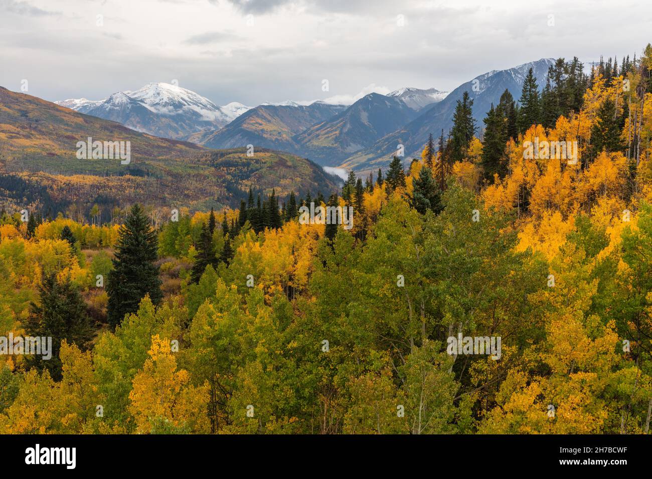 Aspen and the Elk Mountains from McClure Pass, White River National Forest, Colorado Stock Photo