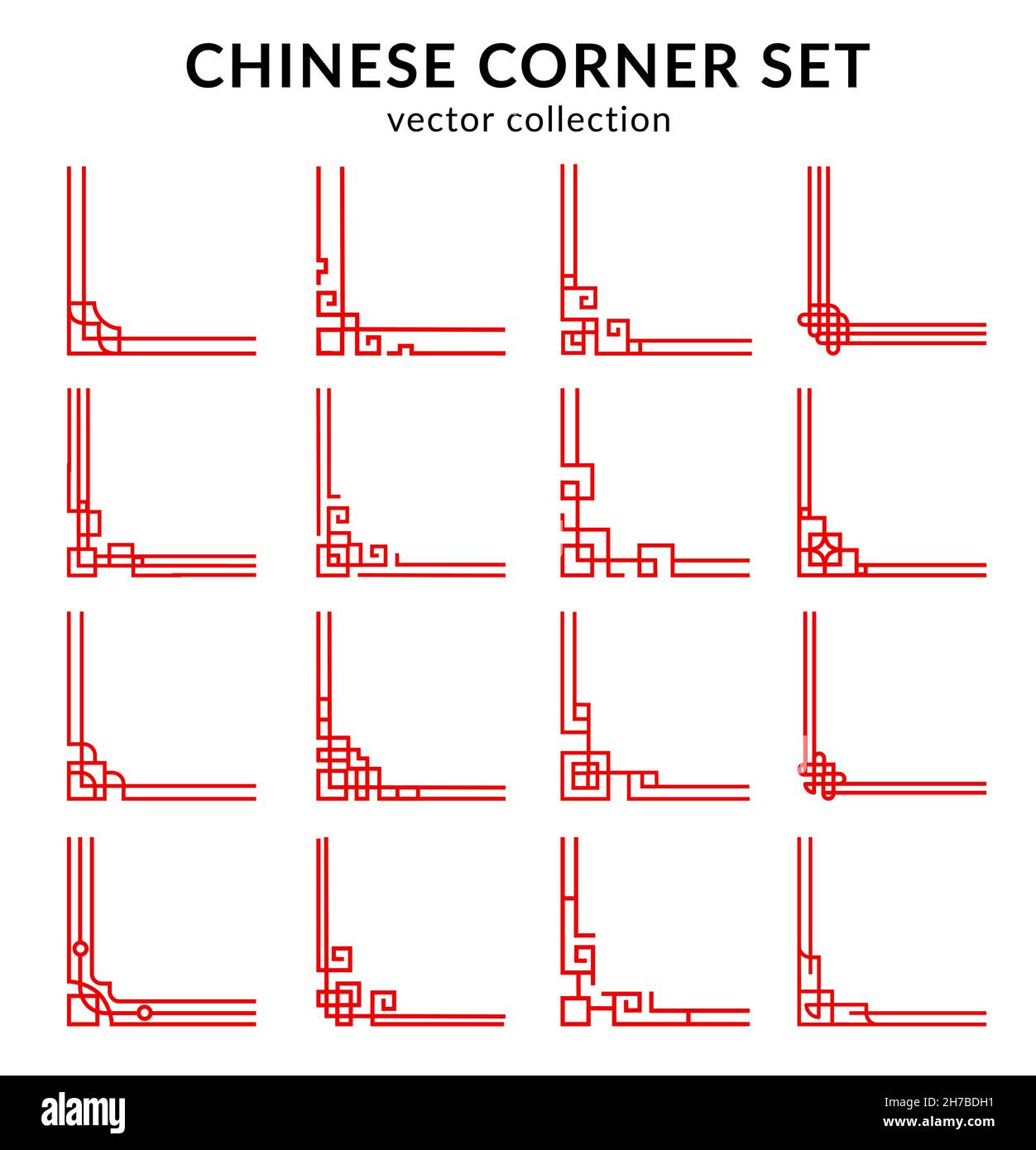 Chinese red frame corners and dividers vector set. Oriental