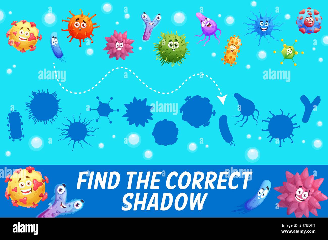 Find correct shadow of virus, microbe or pathogen cells, vector kids