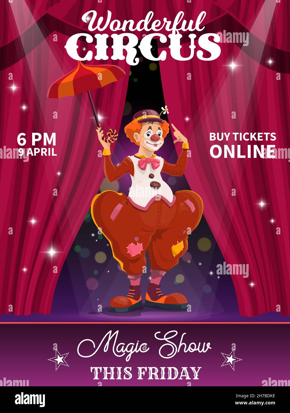 Shapito circus poster, cartoon funny clown at funfair carnival show ...