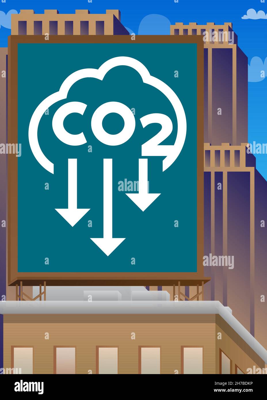 CO2 emission sign, Carbon dioxide icon on a billboard atop a building. Outdoor advertising in the city. Large banner on roof top of a brick architectu Stock Vector