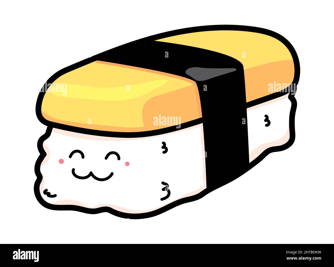 Cute cartoon Tamako egg sushi, cut character Tamako or sweet egg sushi, isolated on white background Stock Photo