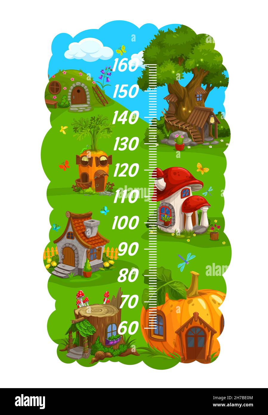 Kids height chart. Gnome, elf and wizard cartoon home dwellings. Vector  growth measure meter wall sticker for children height measure with fantasy  car Stock Vector Image & Art - Alamy