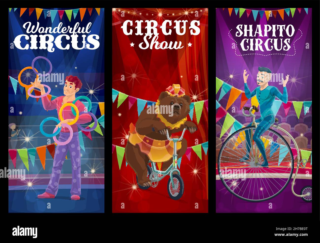 Shapito circus juggler, trained bear and acrobat on funfair carnival ...