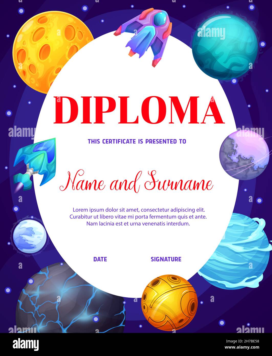 Kids diploma, space voyager or starcraft spaceship and fantastic