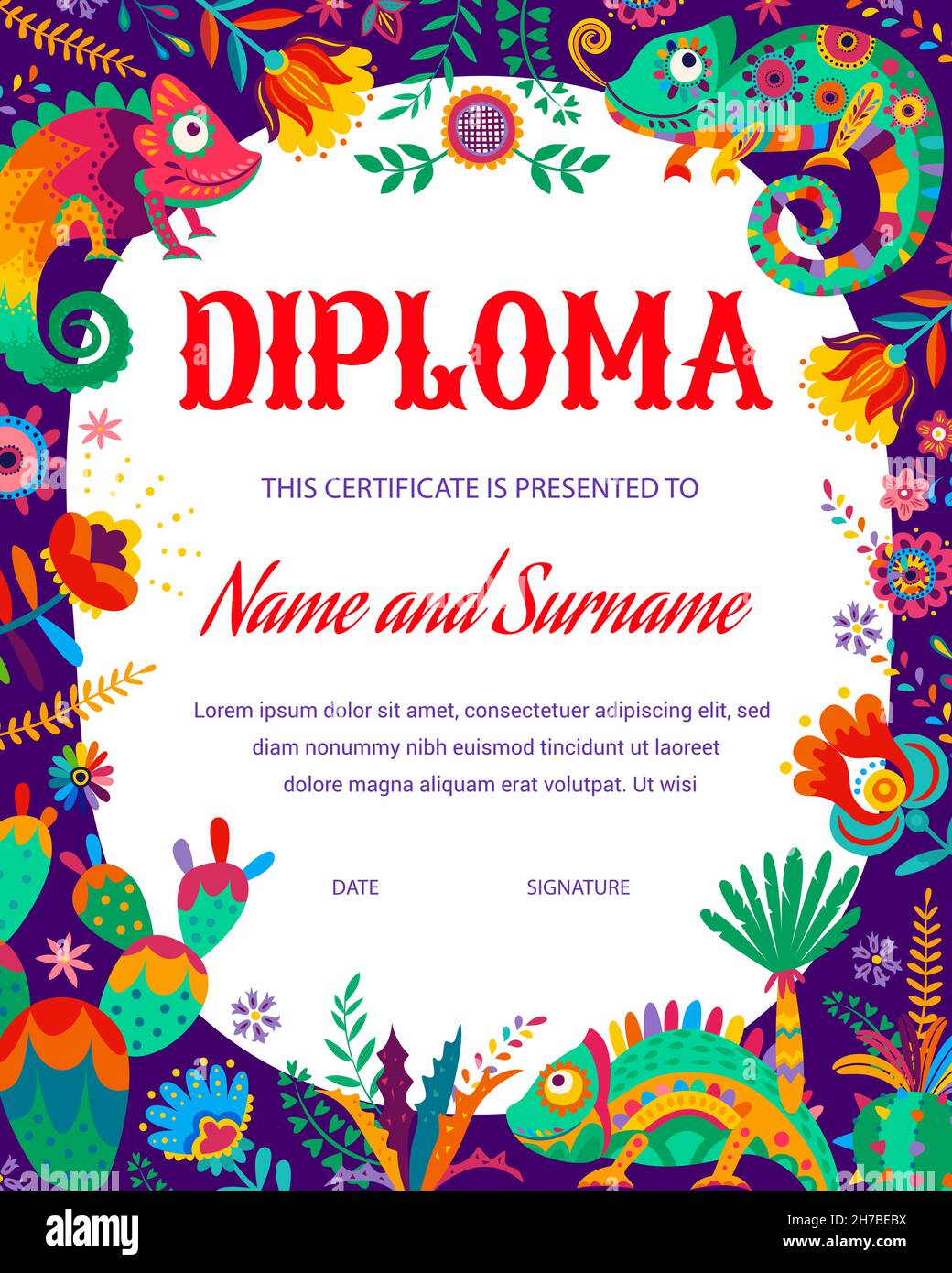 Kids diploma with cartoon chameleons, mexican cactuses and floral elements. Education certificate for school or kindergarten award with mexican alebri Stock Vector