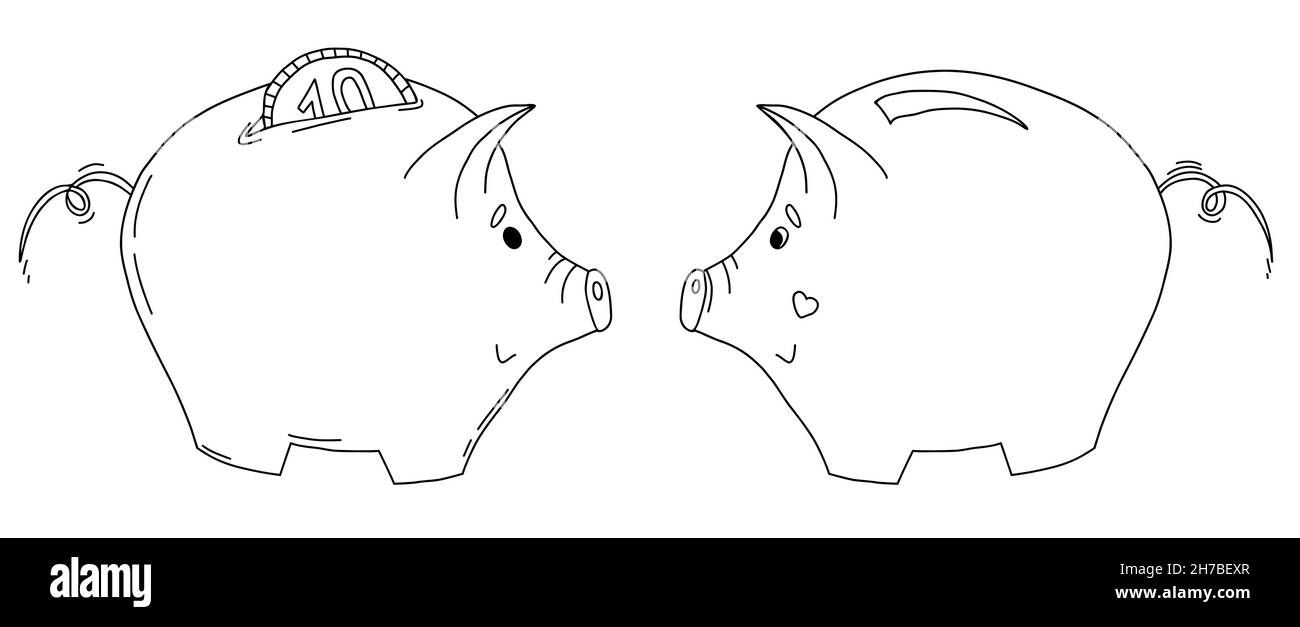 Pair of cute pigs piggy banks with coin and an empty piggy bank. Vector