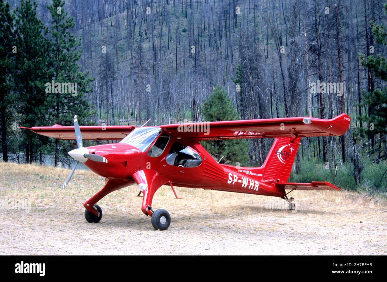 PZL-104 Wilga aircraft parked at a backcountry airstrip in central Idaho Stock Photo